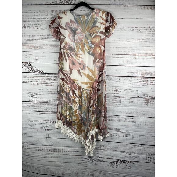 Lola Dress Women's Large Pink Floral Silk Asymmetrical Boho Lace Hem Made Italy - Picture 6 of 7